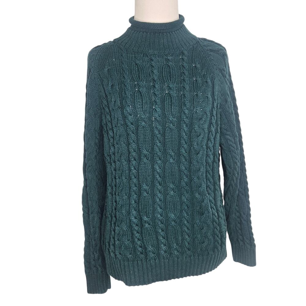 Vintage Roll Neck Cable Knit Sweater Fisherman Green Heritage Women Medium